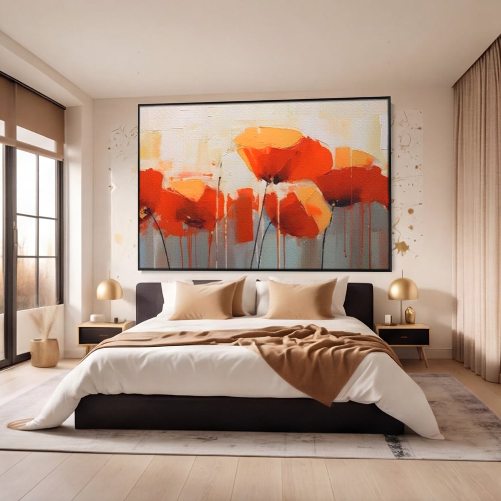 Tablou canvas cu tablou canvas cu maci in ulei, in rama de aluminiu negru, pe perete intr-un dormitor
